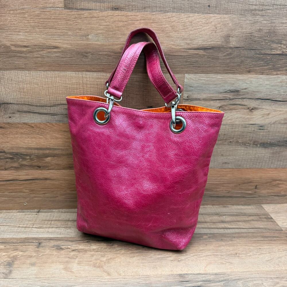 Maurizio Taiuti Made in Italy Pink Leather Bucket Tote Bag Orange Lined Purse